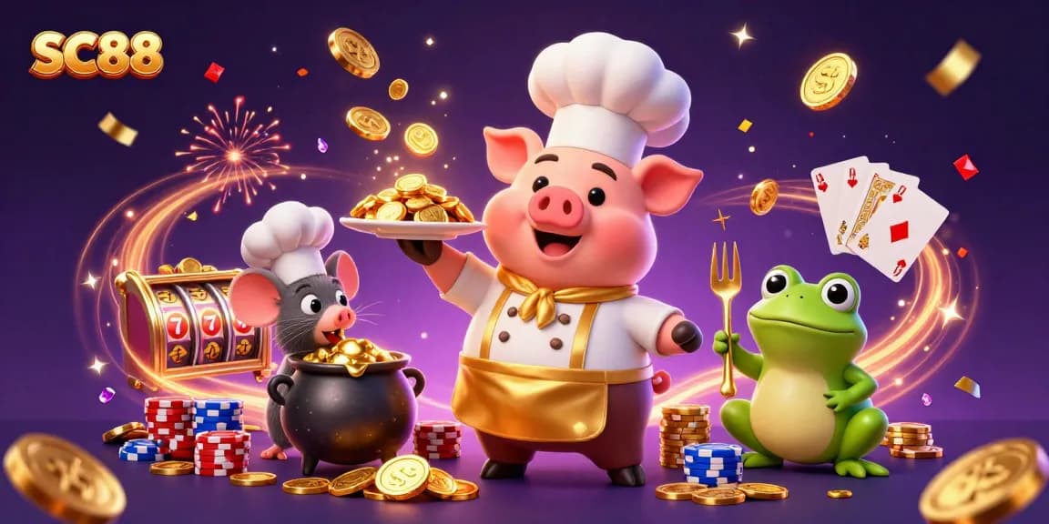 Experience the thrill of SC88 casino with a vibrant scene of characters serving gold coins and celebrating wins.
