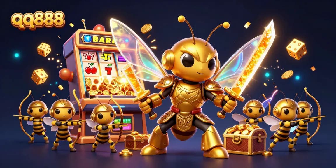 Experience the excitement of qq888 with golden hornets and jackpot slot action in a vibrant 3D casino scene.