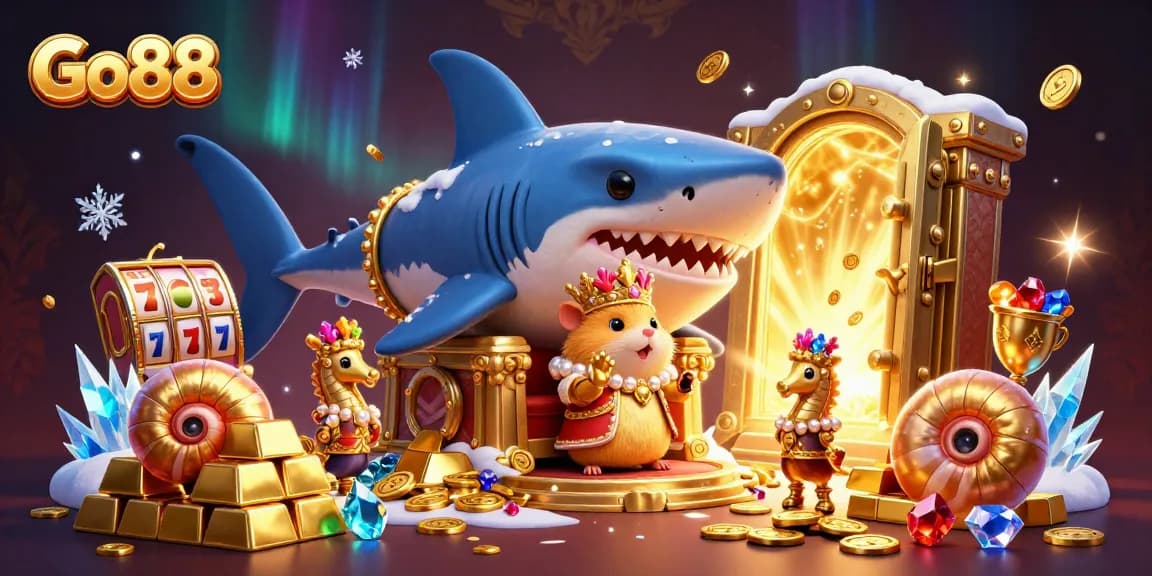 Engage in thrilling casino gameplay with Go88, featuring a whimsical hamster king and treasure-filled scene.