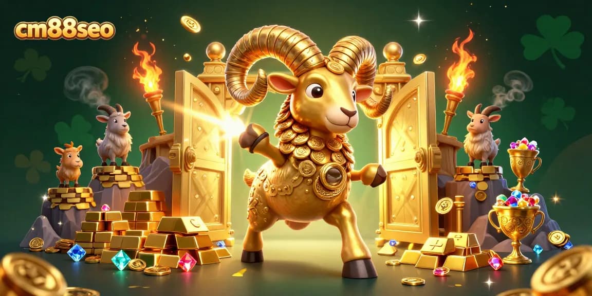 Engage with cm88seo's exciting features featuring a golden ram charging through a treasure vault illustration.