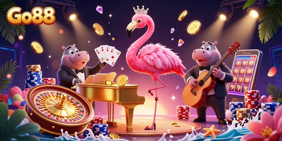 Go88 casino illustration featuring lively characters and vibrant game elements in an exciting atmosphere.