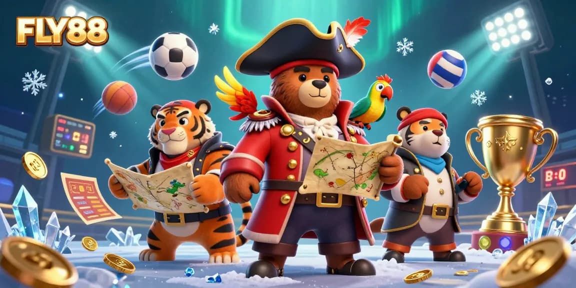FLY88 showcases a vivid 3D illustration featuring a pirate bear and tiger in a lively casino scene filled with gaming elements and gold coins.