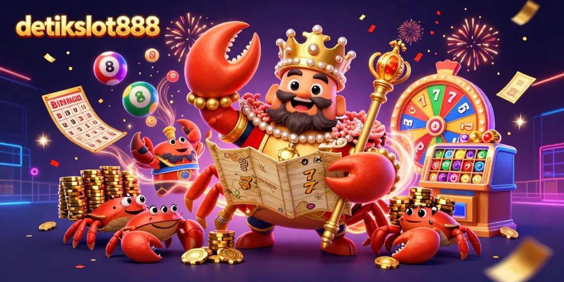 Experience the excitement of detikslot888 with a vibrant 3D scene featuring a golden crab emperor and dynamic casino elements.