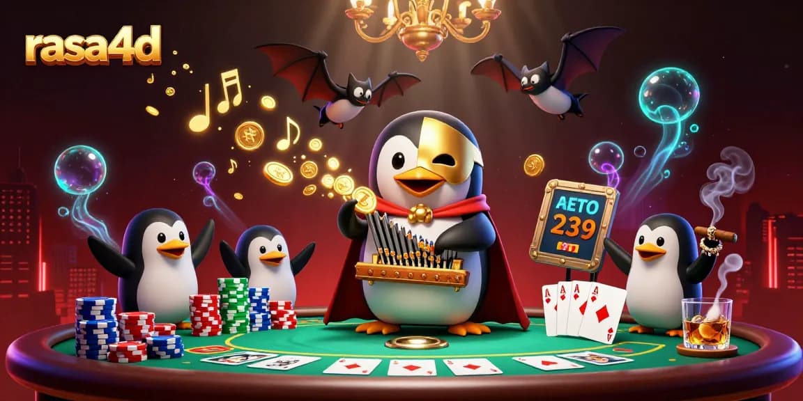 rasa4d menampilkan penguin opera bermain organ dengan duit emas, suasana kasino yang kaya