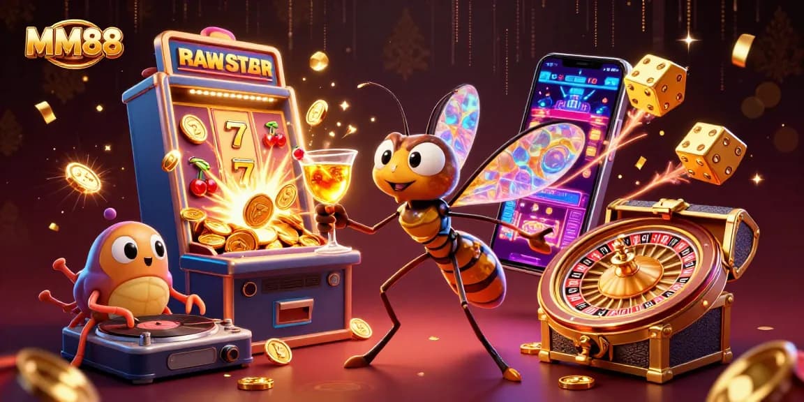 Engage in the excitement of MM88 with a vibrant casino scene featuring a frozen mosquito mascot and a trilobite DJ