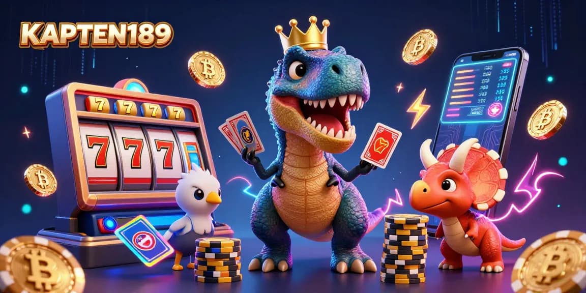 KAPTEN189 menampilkan T-Rex bermain kartu dan triceratops menumpuk chip emas di kasino virtual