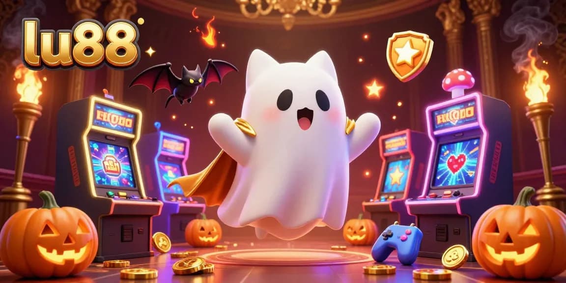 Join the excitement at lu88 with a whimsical illustration featuring a friendly ghost cat and vampire bat in a vibrant casino setting.