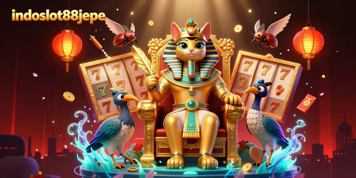Engage with indoslot88jepe in this vibrant 3D scene showcasing a dynamic Egyptian theme alongside thrilling slot elements.