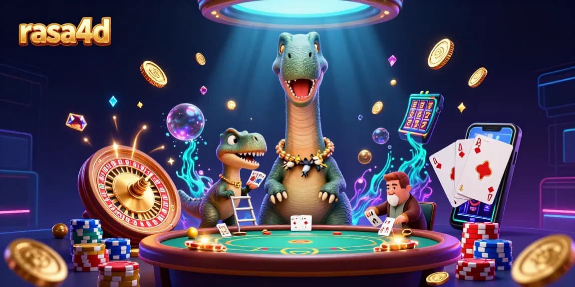 Permainan kasino 3D yang menggambarkan rasa4d dengan dinosaurus dan kegembiraan kartu