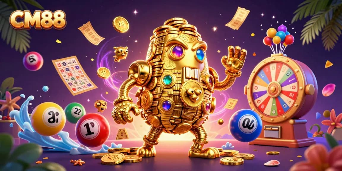 Spin the slots and win big with CM88's vibrant casino illustration showcasing exciting game elements.