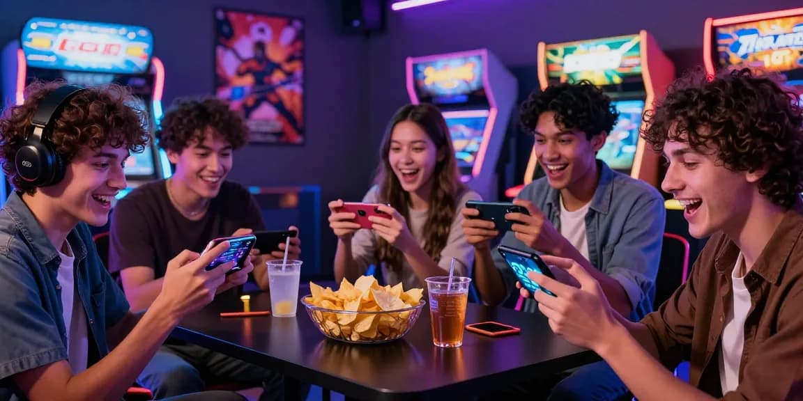 Engaged gamers enjoying the vibrant 123b app in a lively arcade setting, capturing a dynamic mobile gaming moment.