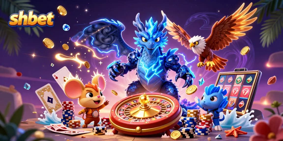 shbet unleashes thrilling action with dynamic dragons, winning cards, and spinning roulette in a vibrant casino scene.