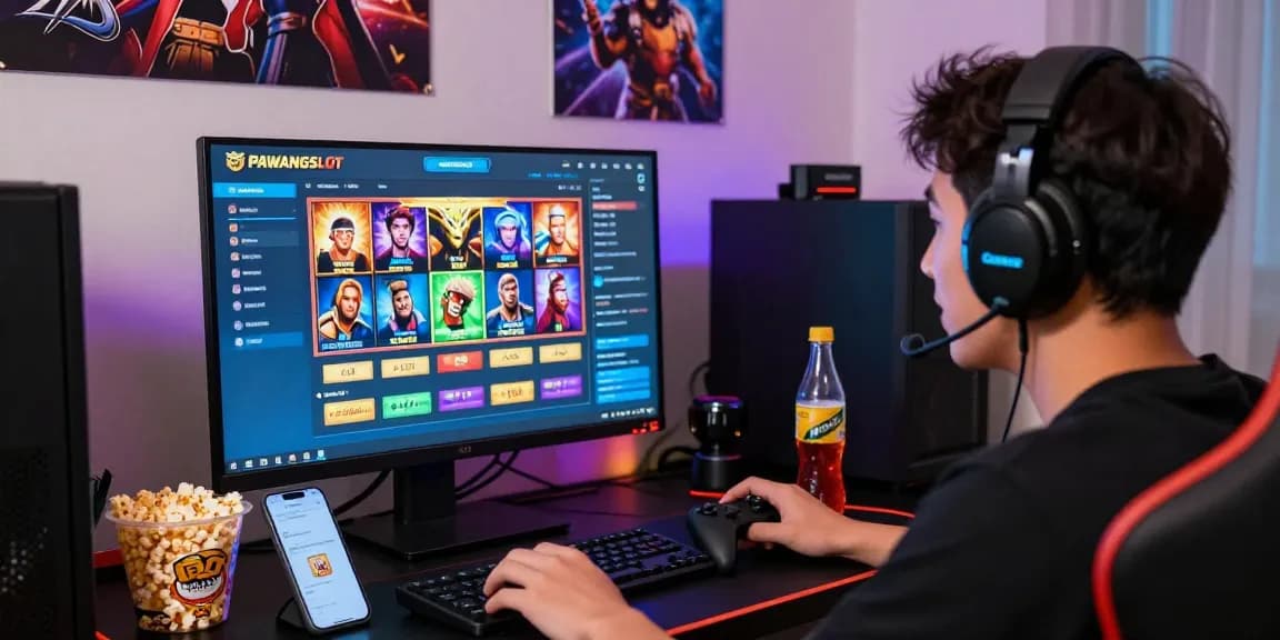 Permainan slot online di PAWANGSLOT, gamer bersemangat menikmati pengalaman bermain di rumah dengan tampilan yang menarik.