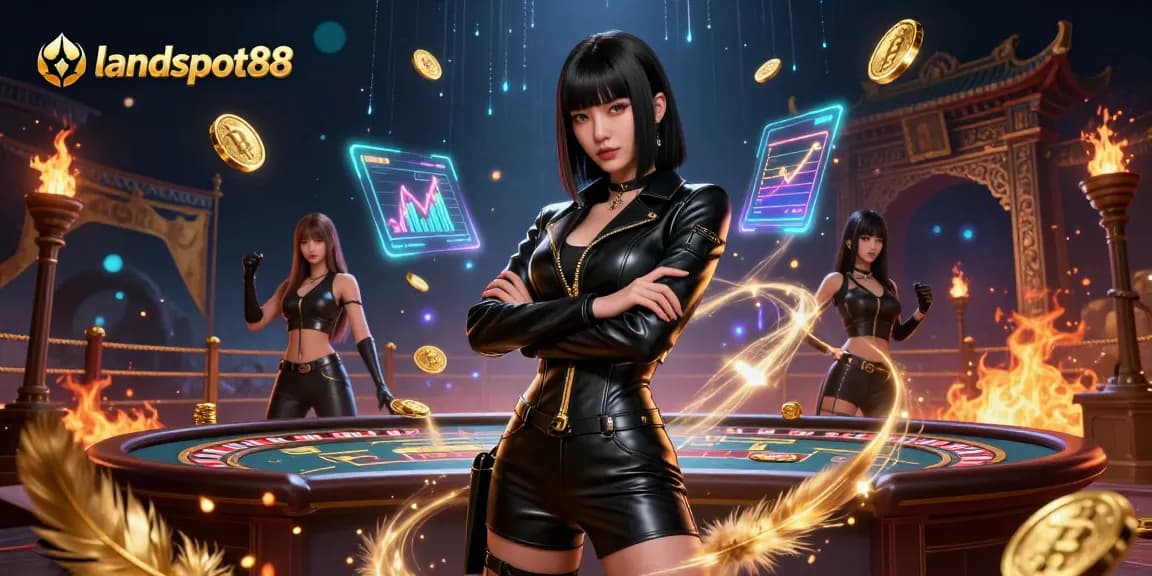 Landslot88 offers an immersive live casino experience with golden coins, roulette, and baccarat elements.