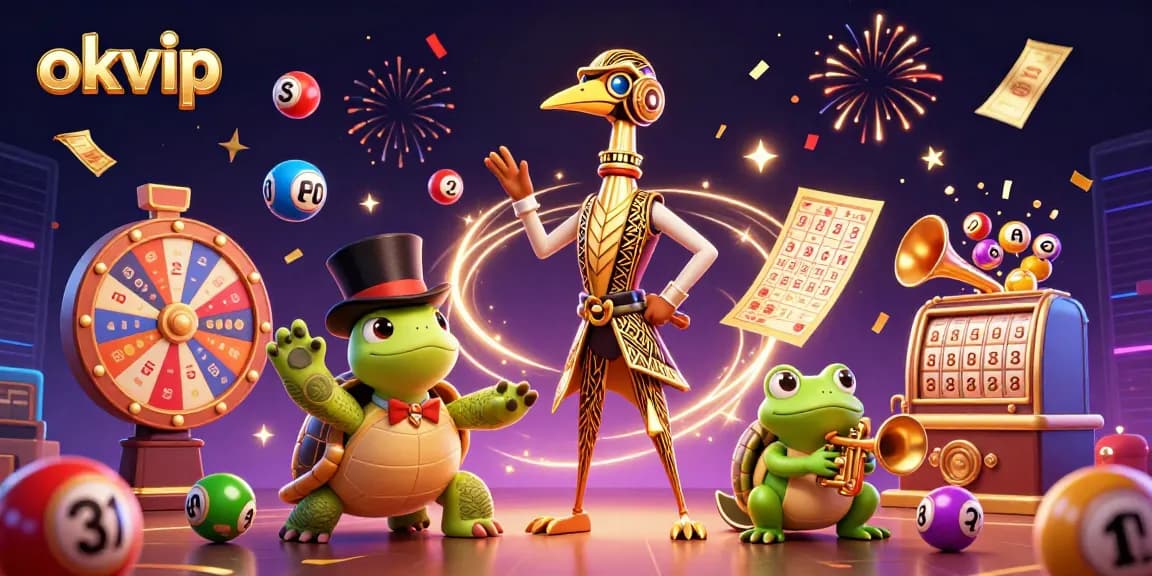 Engage the thrill of the okvip interactive gaming experience with a vibrant casino scene featuring lively characters and dynamic gaming elements.