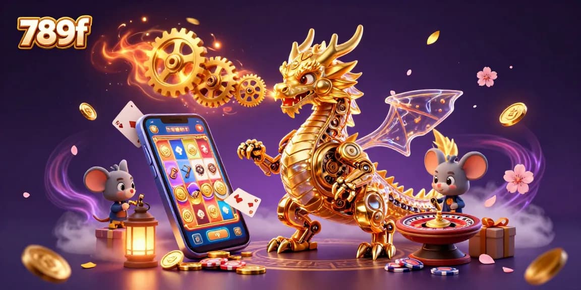 Engage with the thrilling world of 789f as golden gears and coins intertwine in a dynamic casino scene.
