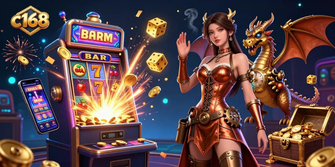 Engage with c168's vibrant slot game atmosphere featuring immersive characters and dynamic casino elements.