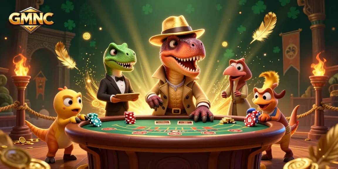 GMNC casino illustration showing a velociraptor card counter, a stegosaurus pit boss, and a compy pickpocket.