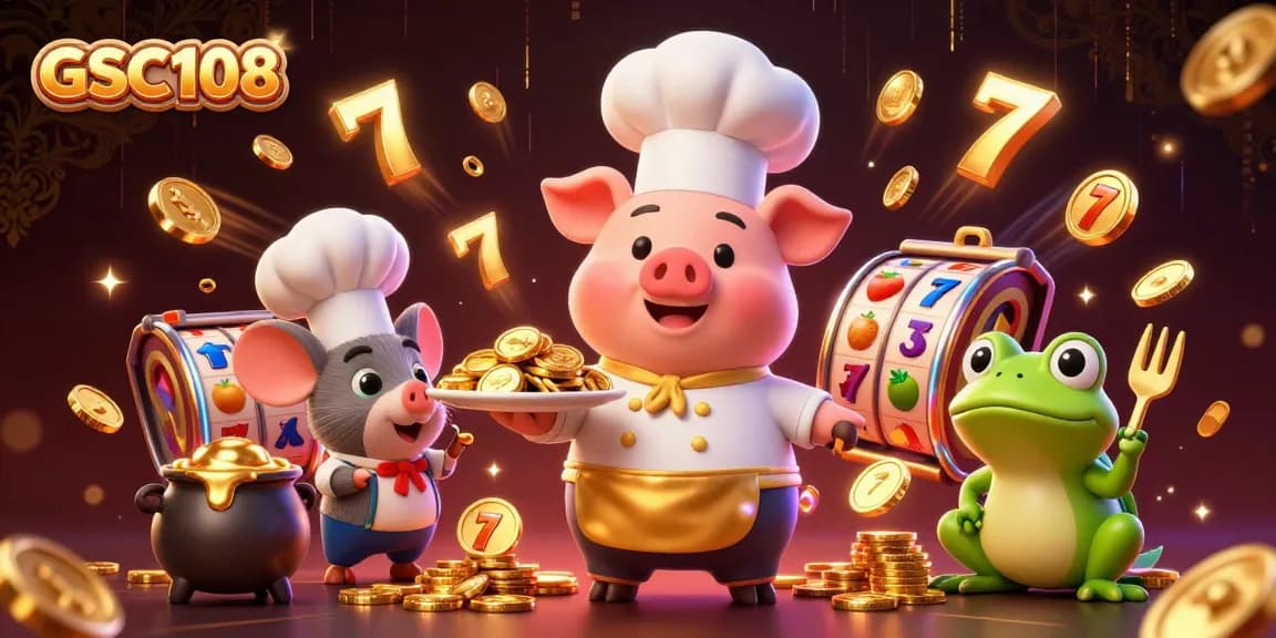 GSC108 features a vibrant casino scene with chef pig serving golden coins, capturing gambling excitement.