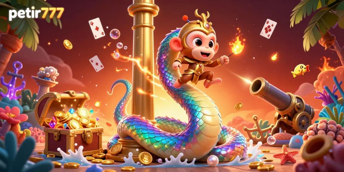 Join the fun at petir777, where the colorful serpent and playful monkey king create a vibrant gaming experience!