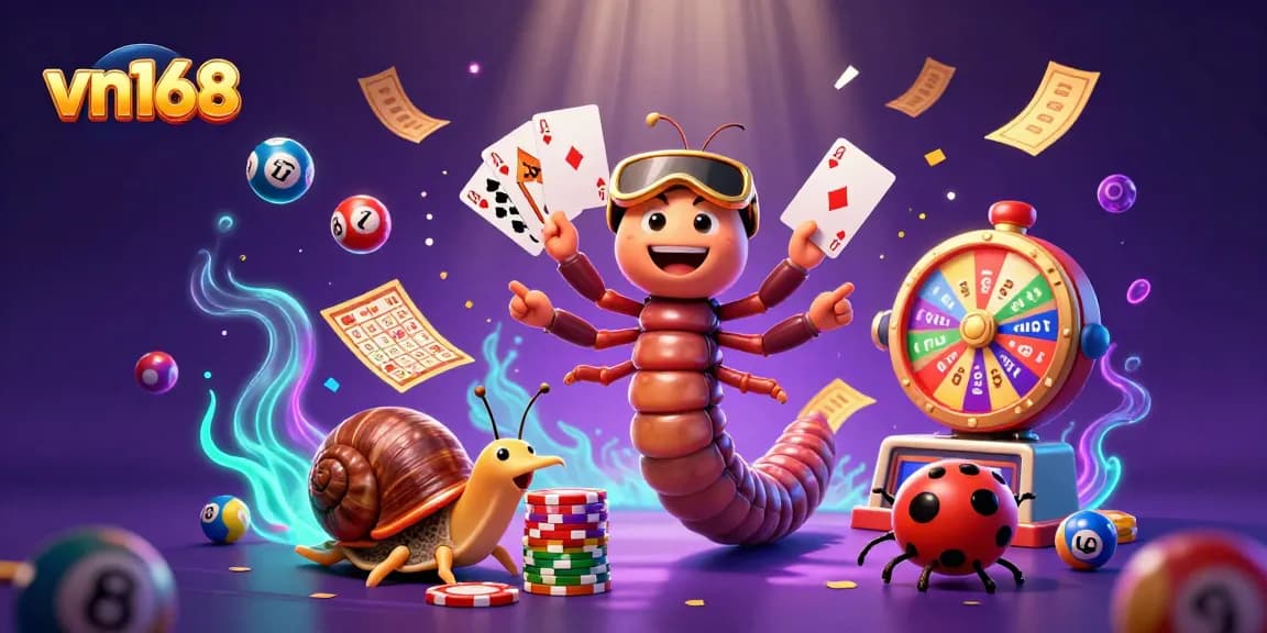 Experience the excitement with vn168 at a vibrant casino scene featuring engaging characters and colorful gambling elements.