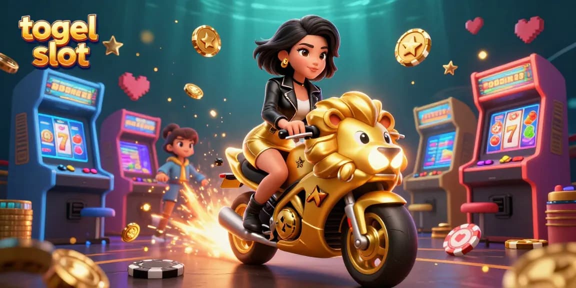 Experience the excitement of togel slot games with a glamorous character riding a golden lion and surrounded by vibrant casino elements.