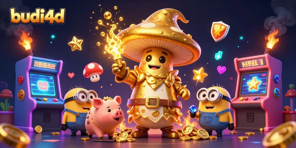 Experience the magic of budi4d with a golden wizard and treasure-hunting pig amidst colorful game elements.