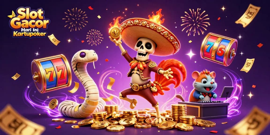 Experience the thrill of Slot Gacor Hari Ini Kartupoker with vibrant casino characters celebrating wins amidst jackpot symbols.