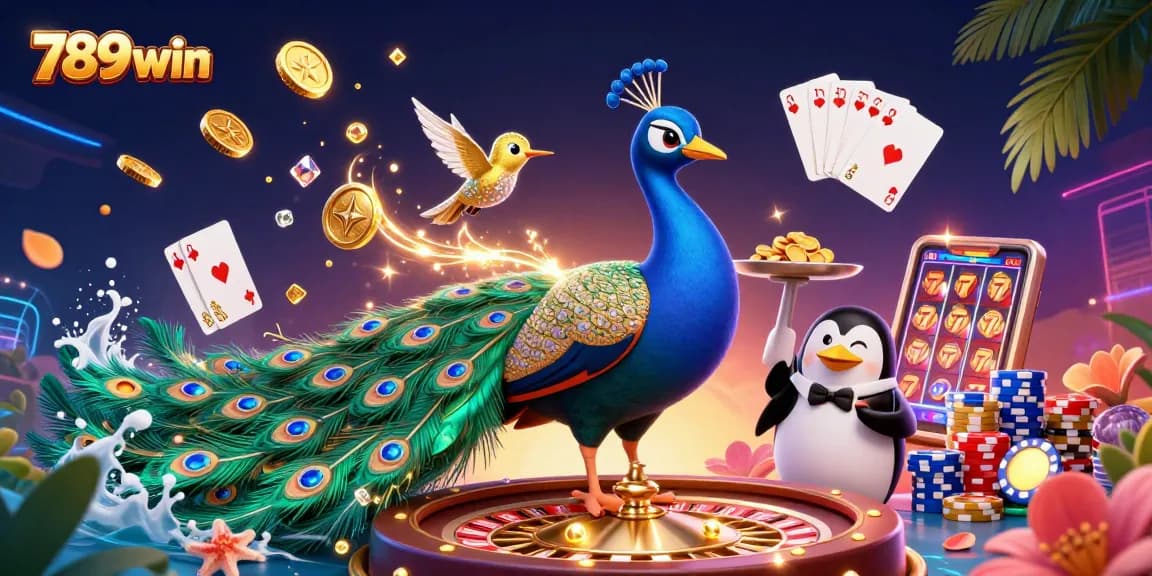 Win big at 789win with vibrant casino action featuring a 3D peacock and sparkling gems.