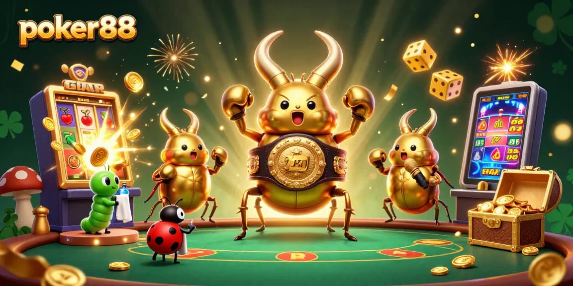 Mainkan poker88 dengan karakter lucu dan mesin slot penuh jackpot di latar belakang yang menarik.