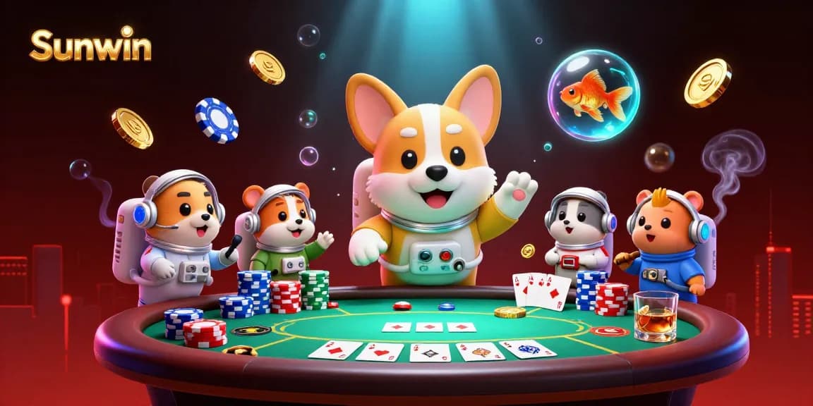 Engage with Sunwin's dynamic gaming world featuring colorful poker chips and a thrilling space casino atmosphere.