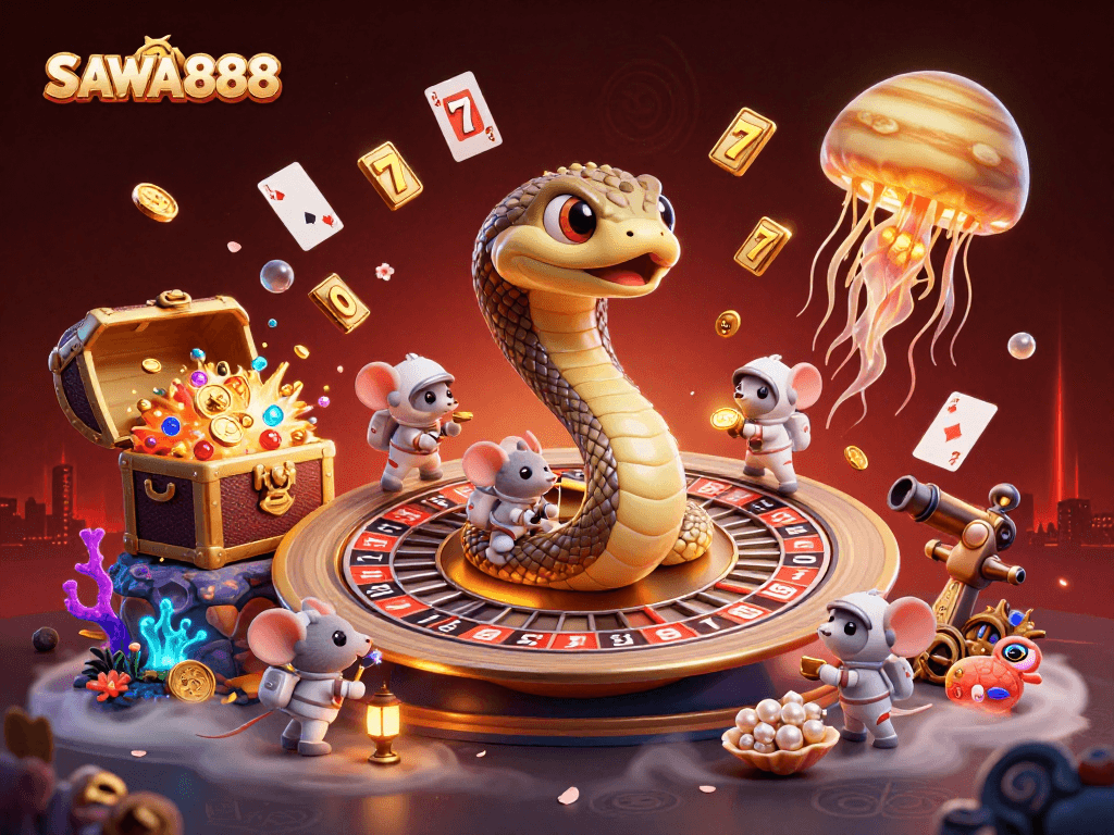 SAWA888 captivates players with a thrilling cosmic gambling scene featuring a roulette wheel snake and adventurous astronaut mice.