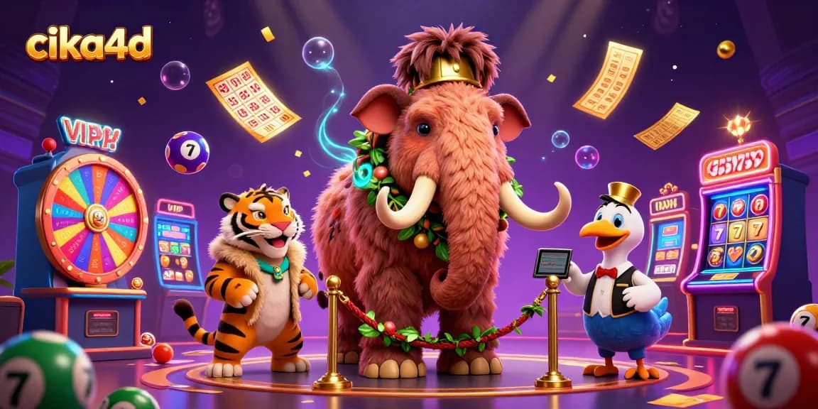 cika4d showcases a vibrant casino scene with a woolly mammoth bouncer, animated slot elements, and exciting gameplay visuals