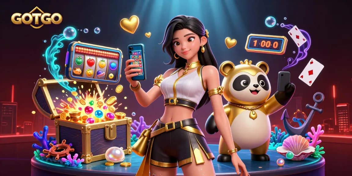 Terlibat dalam permainan kasino yang mendebarkan dengan GOTOTO menampilkan seorang wanita Asia dinamis dan panda emas.