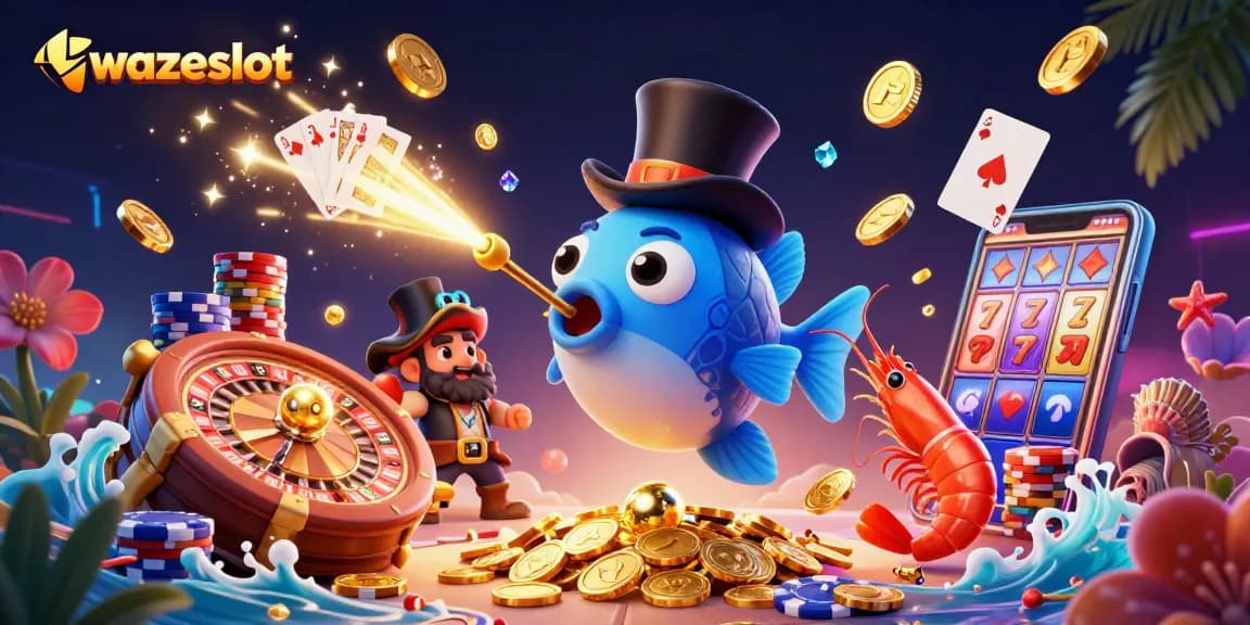 Engage in WAZESLOT's vibrant casino world with glowing treasures and live gaming elements.