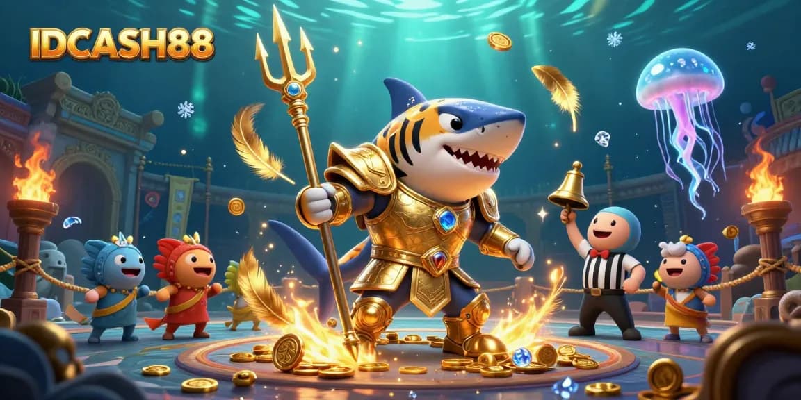 Join the thrilling underwater world of IDCASH88, featuring a fierce tiger shark championing epic casino battles