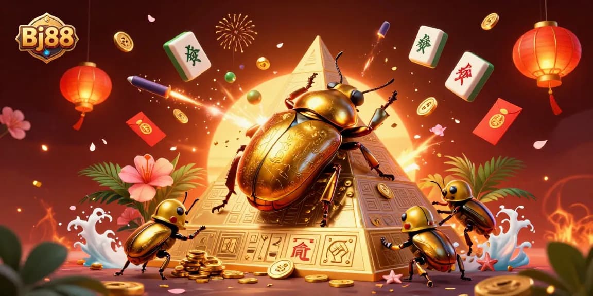 Bj88 showcases engaging betting experiences with golden beetles, coins, and vibrant casino decor.