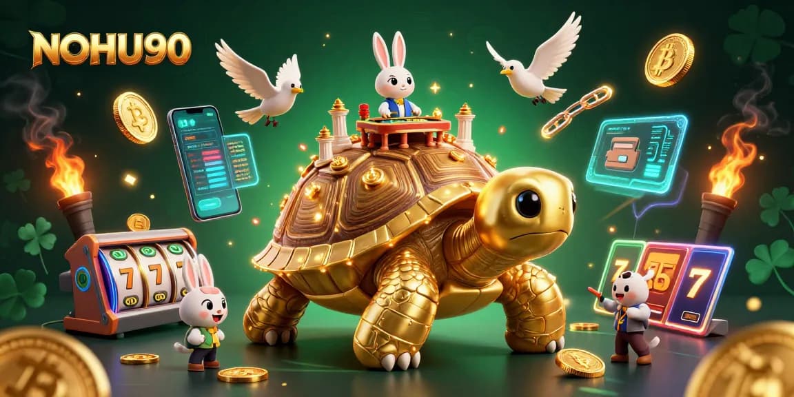 NOHU90 spins the reels with excitement, featuring a golden tortoise casino palace and animated characters.