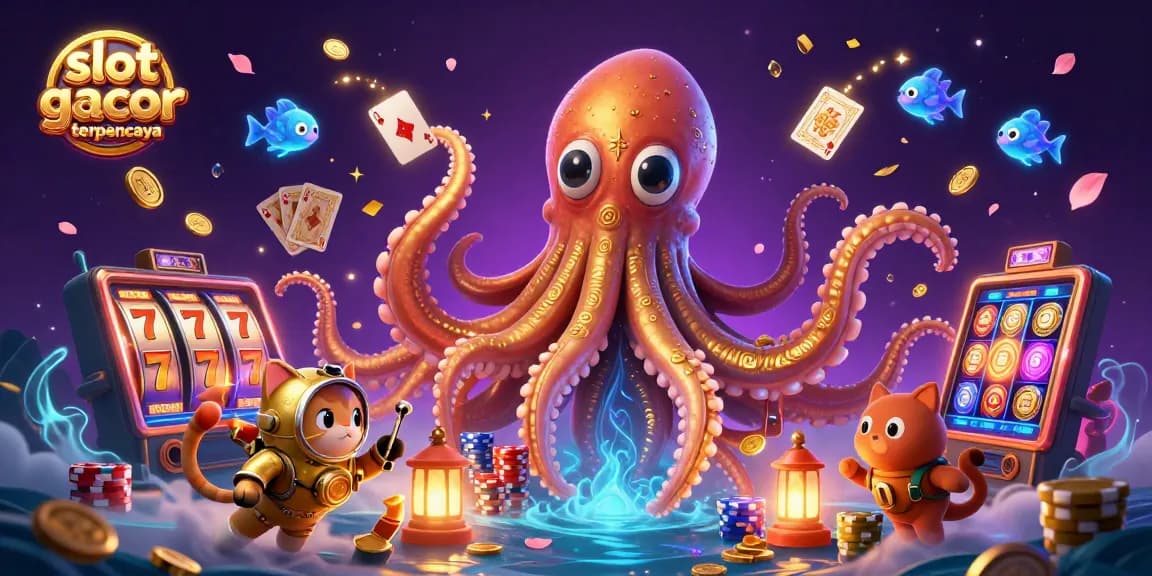 Menangkan permainan slot gacor terpercaya dengan gambar kraken dan kucing menyelam mengelilingi deposit emas dalam lautan sebagai latar.