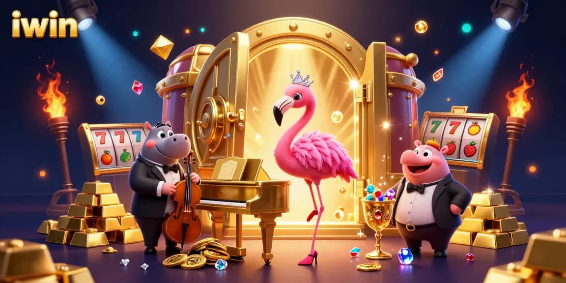 Play explosive iwin casino games with a flamingo singer at a vibrant, glamorous scene full of riches.