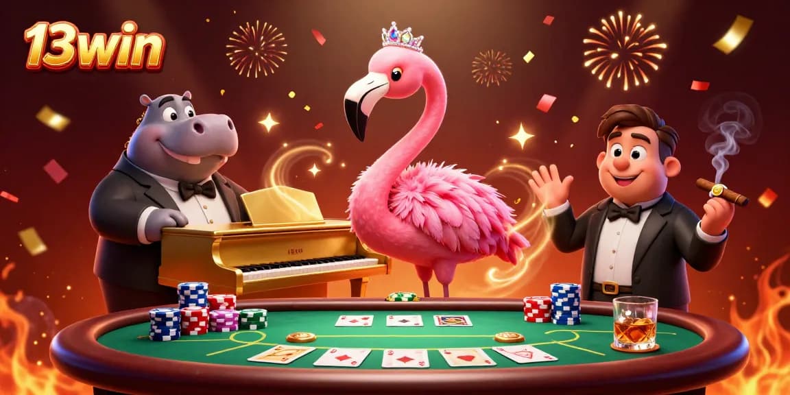 Experience fun with 13win as a flamingo singer and hippo bassist at a vibrant casino.