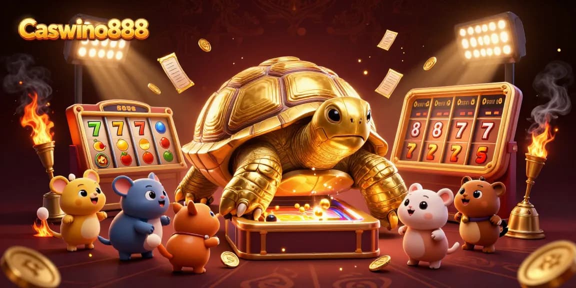 Spin to win at Caswino888 with a 3D cartoon golden tortoise and dynamic gambling elements!