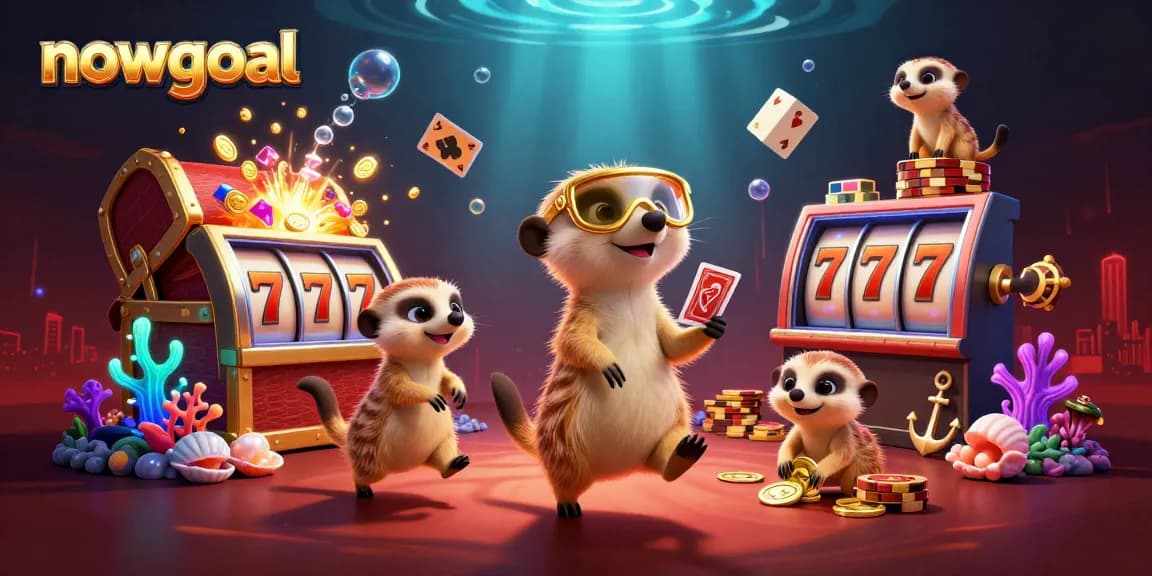Engage with nowgoal's vibrant casino scene featuring meerkats orchestrating thrilling gaming with animated slot reels.