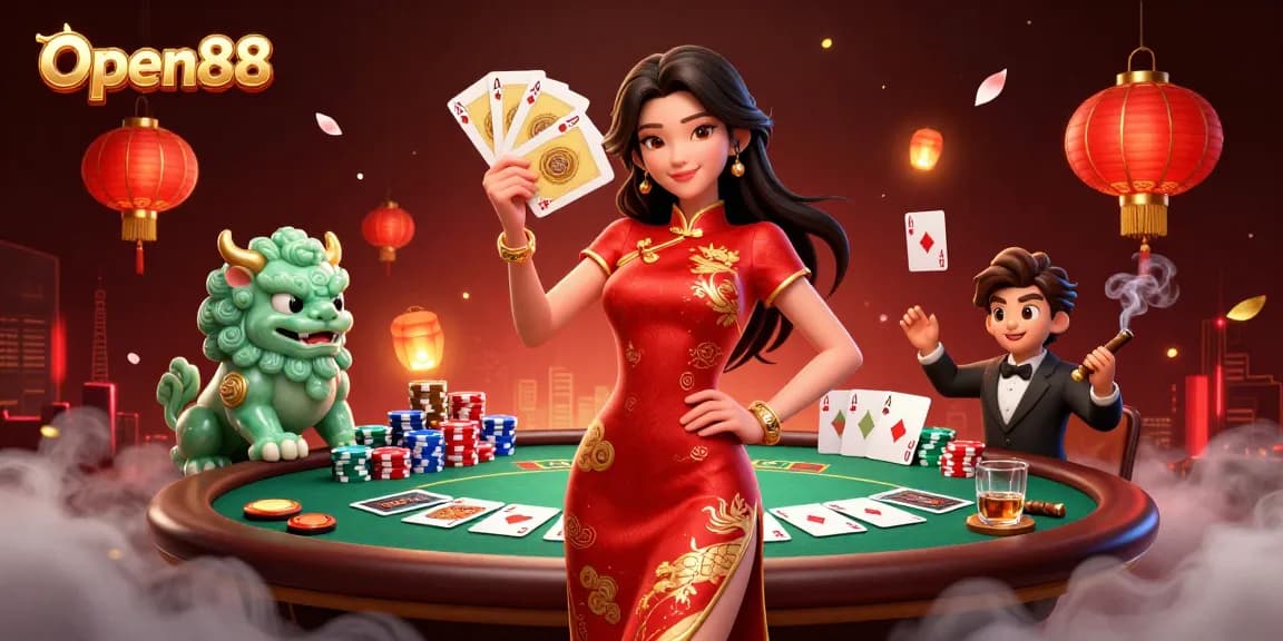 Open88 showcases a vibrant casino scene featuring a glamorous woman in qipao amidst poker chips and lanterns.