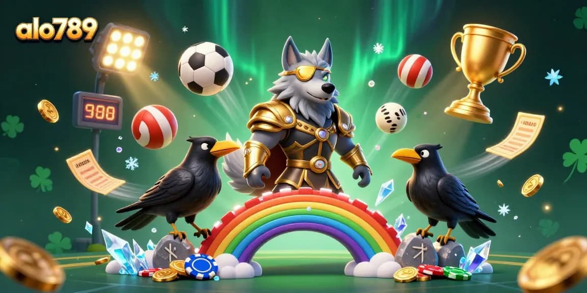 A dynamic casino scene showcasing alo789 with Norse mythology-inspired characters and vibrant sports elements.