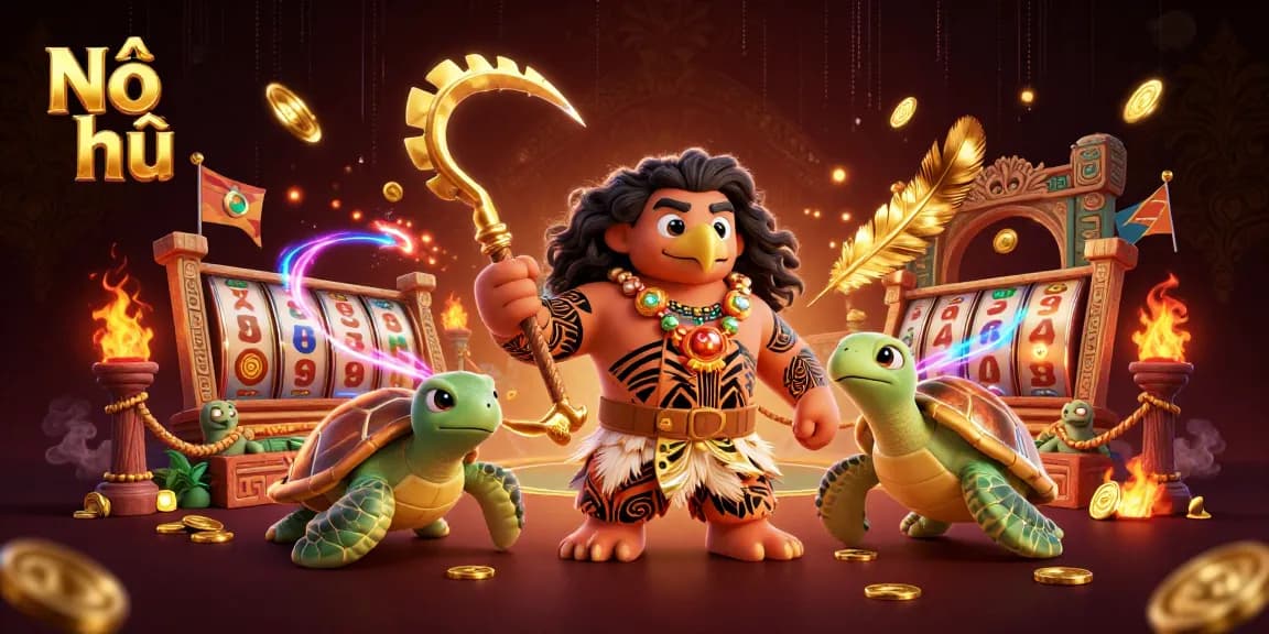 Nổ hũ features a vibrant 3D illustration showcasing a demigod and turtle amidst casino symbols.
