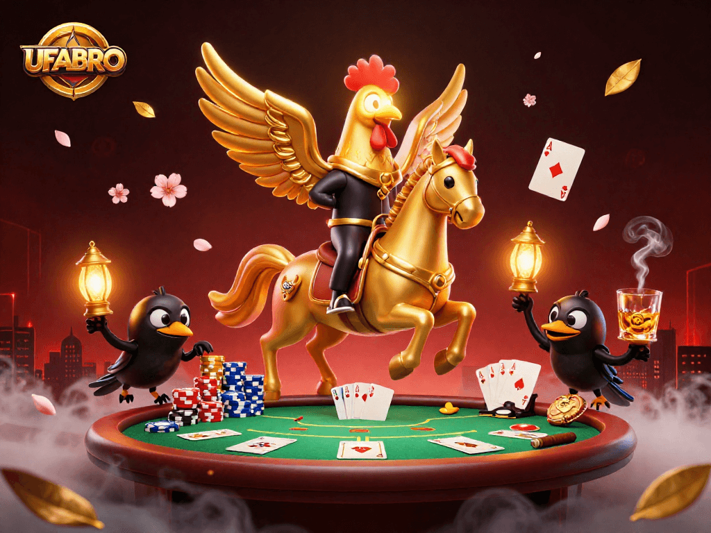 Engage in thrilling games at UFABRO, with a vibrant casino scene featuring unique characters.