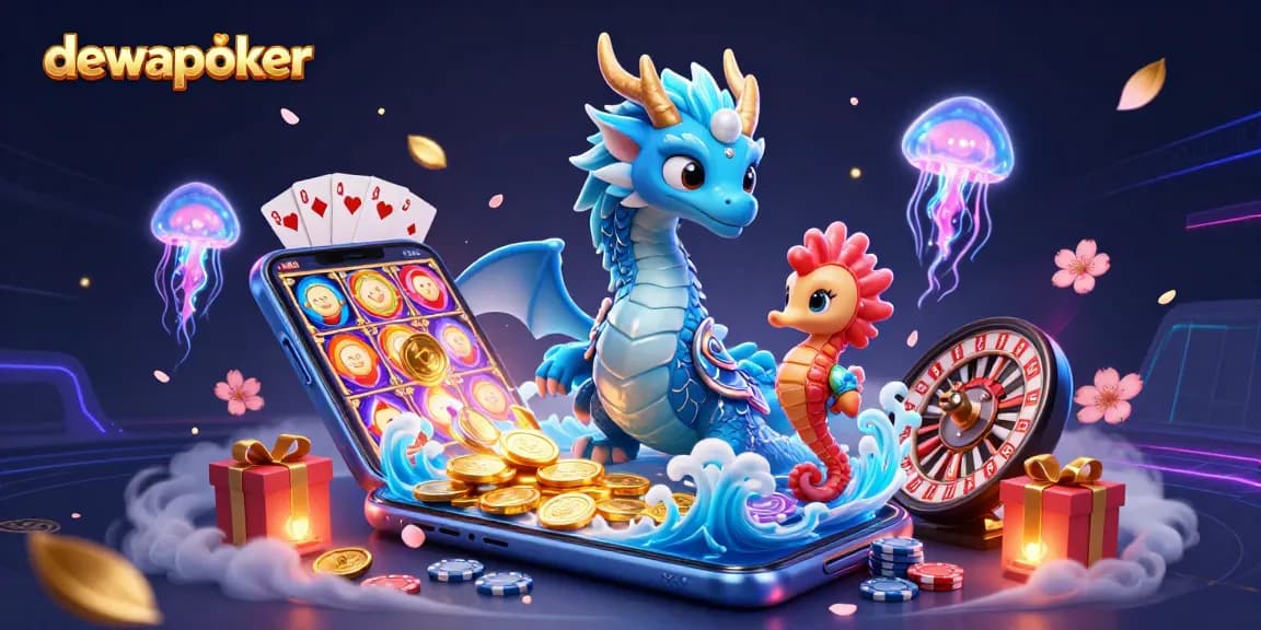 Experience the excitement of dewapoker with a colorful 3D scene featuring an azure water dragon and vibrant gaming elements.