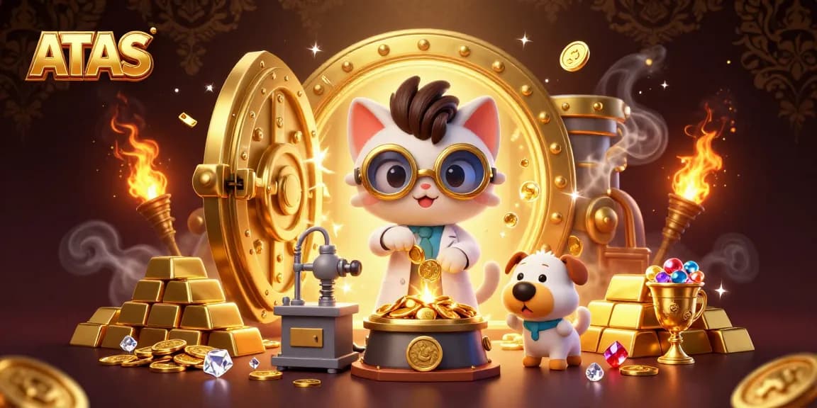 Play exciting games at ATAS Casino, featuring vibrant 3D elements of treasures and lively characters.