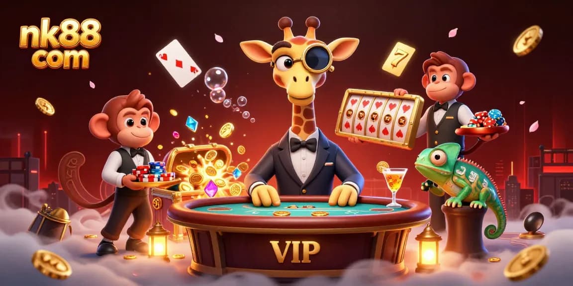 Play and win at nk88 com with vibrant characters in a dynamic casino scene filled with treasures.